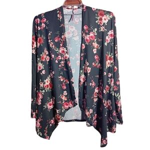 COOL MELON Black w/ Red & Pink Roses Long Sleeve Waterfall Cardigan Size XL